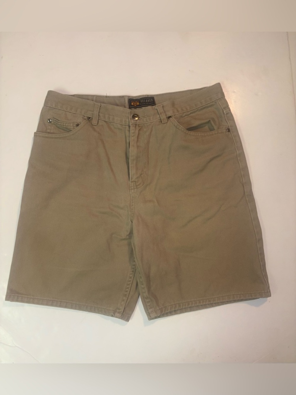 Vintage Route 66 Mens Relaxed Fit Khaki Tan Cotton Twill Denim Shorts Size 34